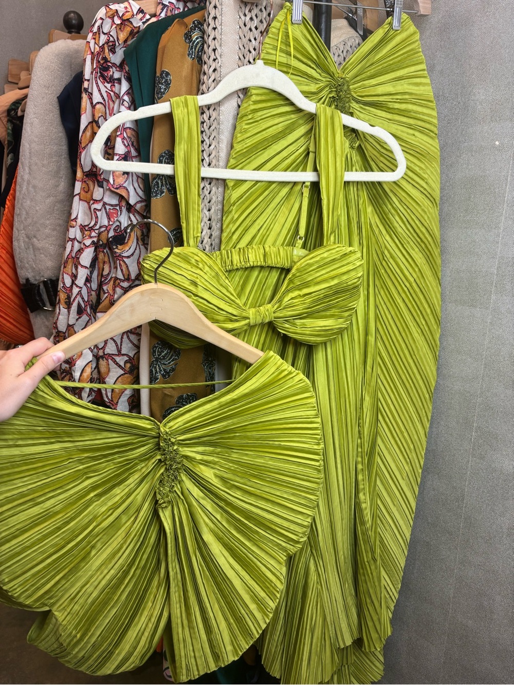Cult Gaia Olive Green Pleated Three-Piece Maxi Set - Picture 3 of 5
